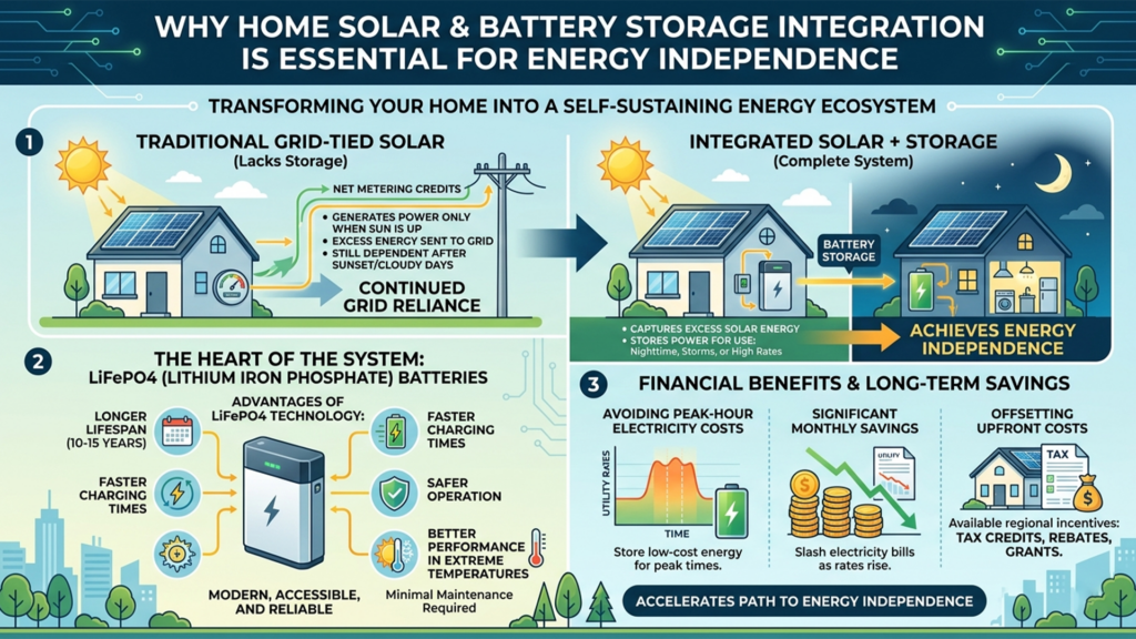 Home solar panels battery storage integration energy independence