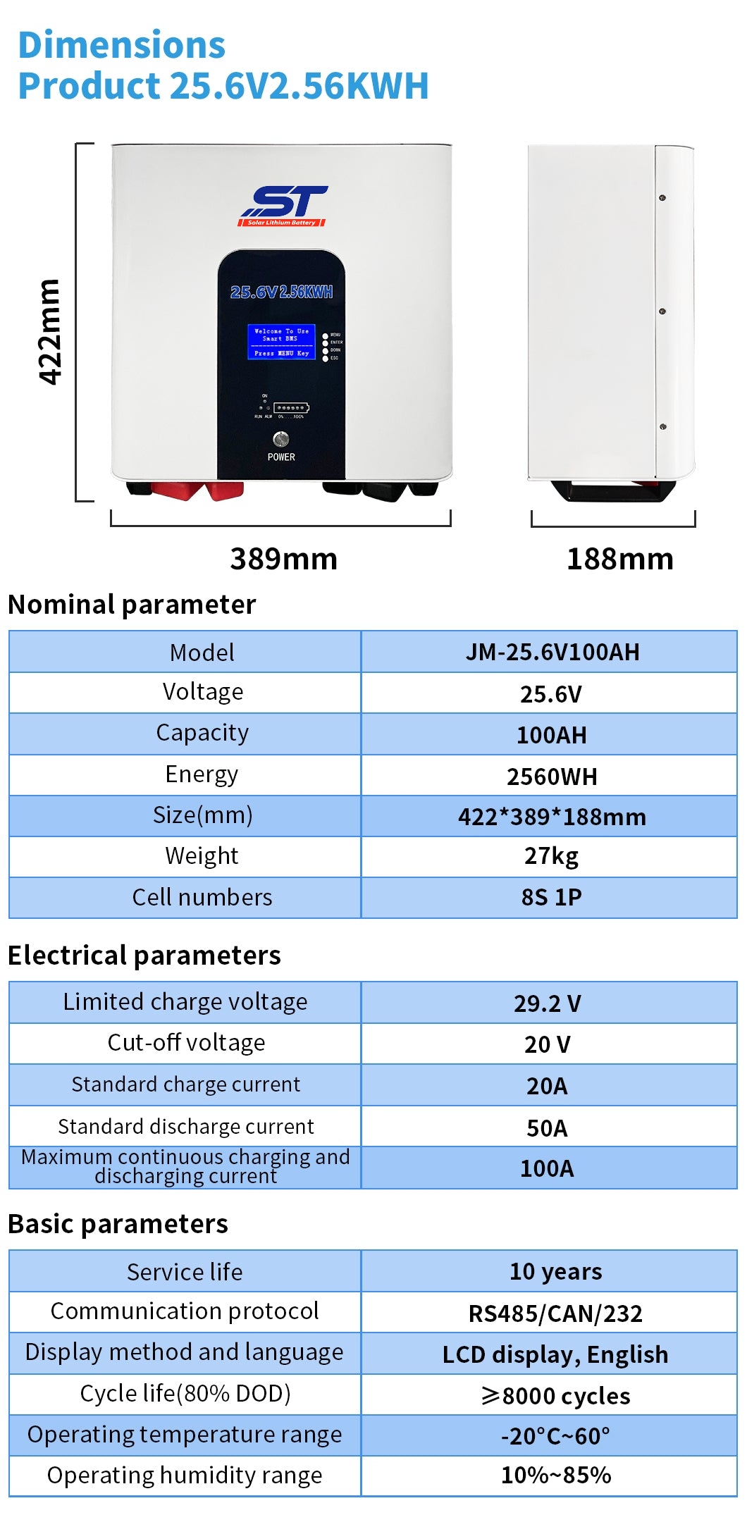ST 24 Volt Solar Battery Lithium 100ah 200ah Hybrid Grid Split 25.6V Batterie Solaire Lithium 100ah 200ah System BMS Protection technical specification image 1