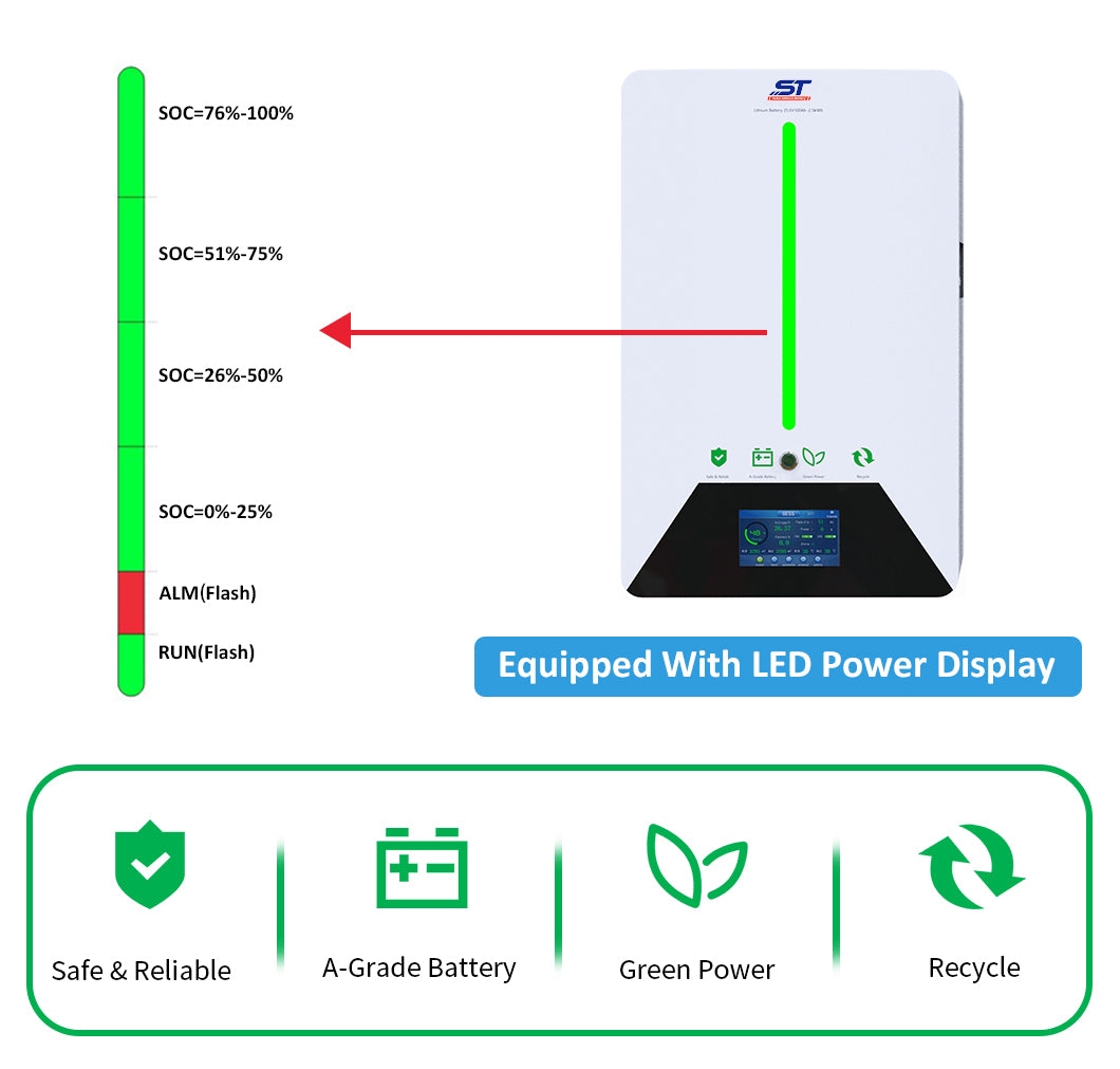 ST 24V 100AH 2.56Kwh Lithium Ion Battery Charger For Household Solar Energy Storage System technical specification image 1