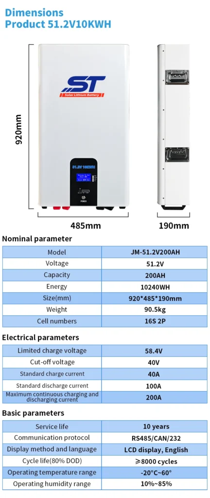 ST 10kwh 51.2V 200ah lifepo4 solar Battery 51.2v 200ah lifepo4 wall mount Battery
