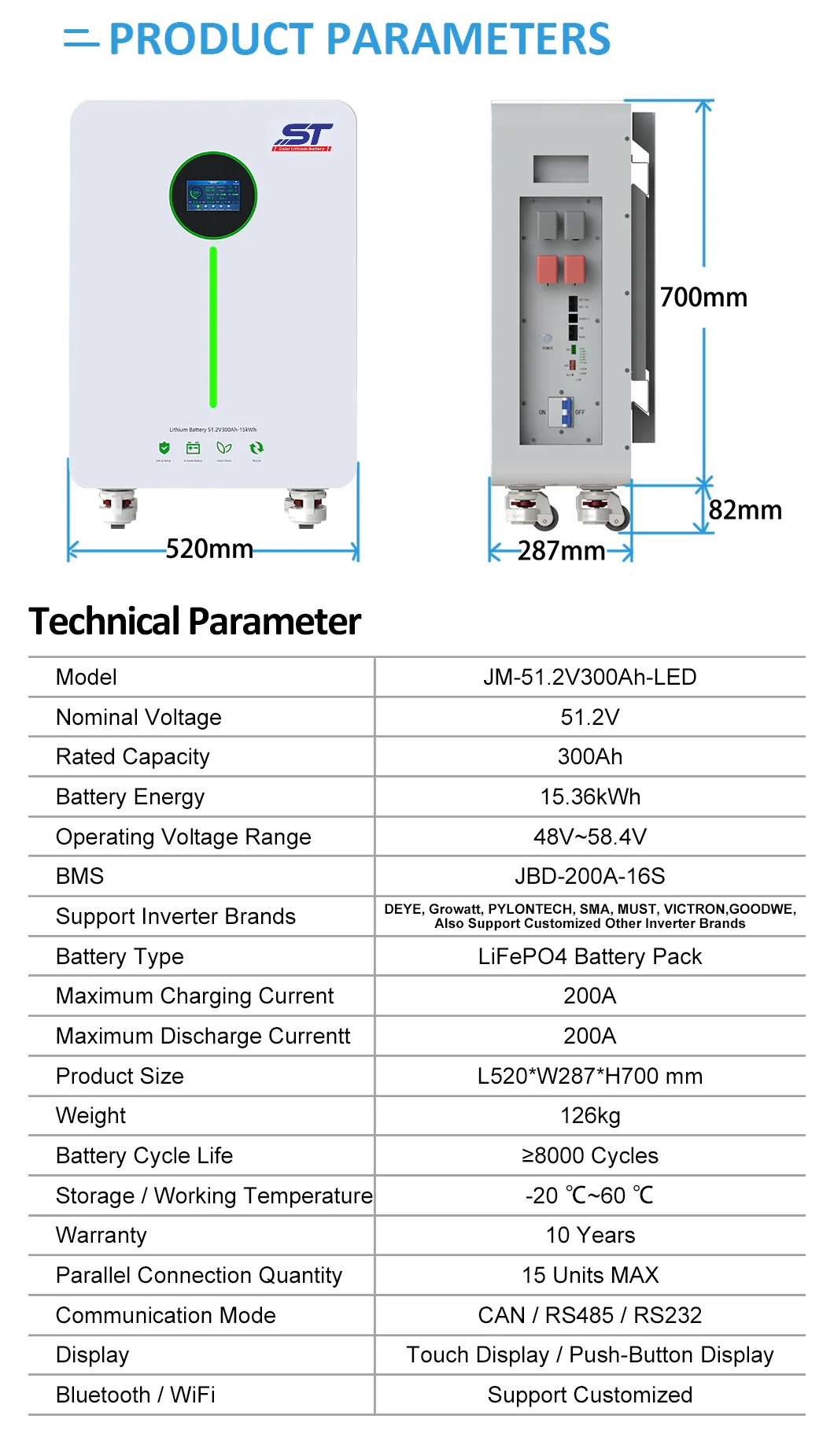 ST Super popular all over the world 48V 51.2V 300Ah 314Ah 15KWh 16KWh LiFePO4 Lithium Ion Battery Cell Solar Storage Battery technical specification image 3